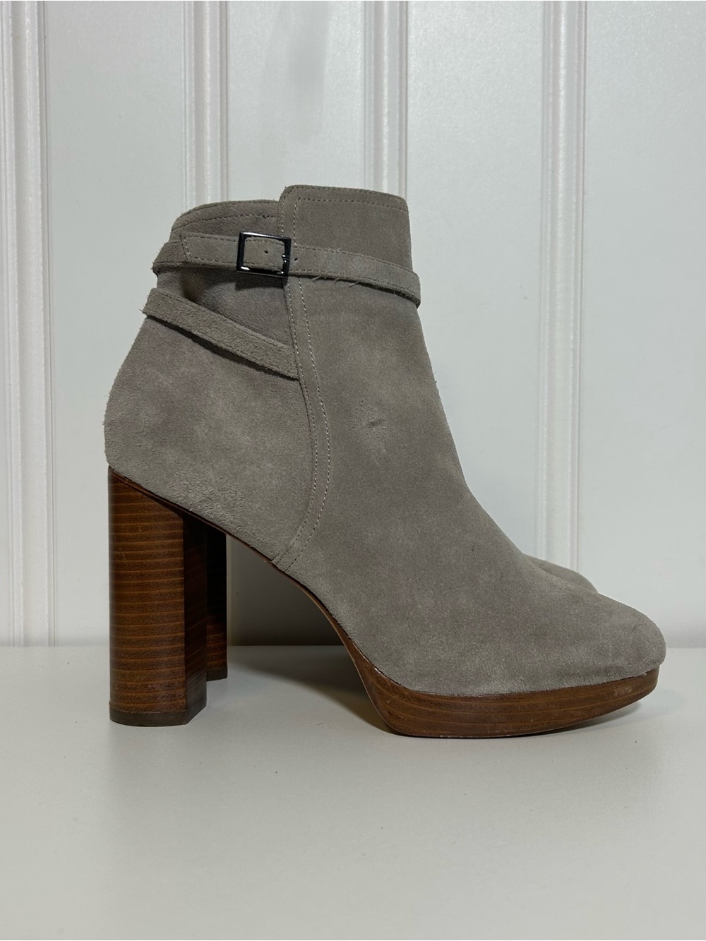 Joie Taupe grey Suede Wrap-Strap Ankle Bootie